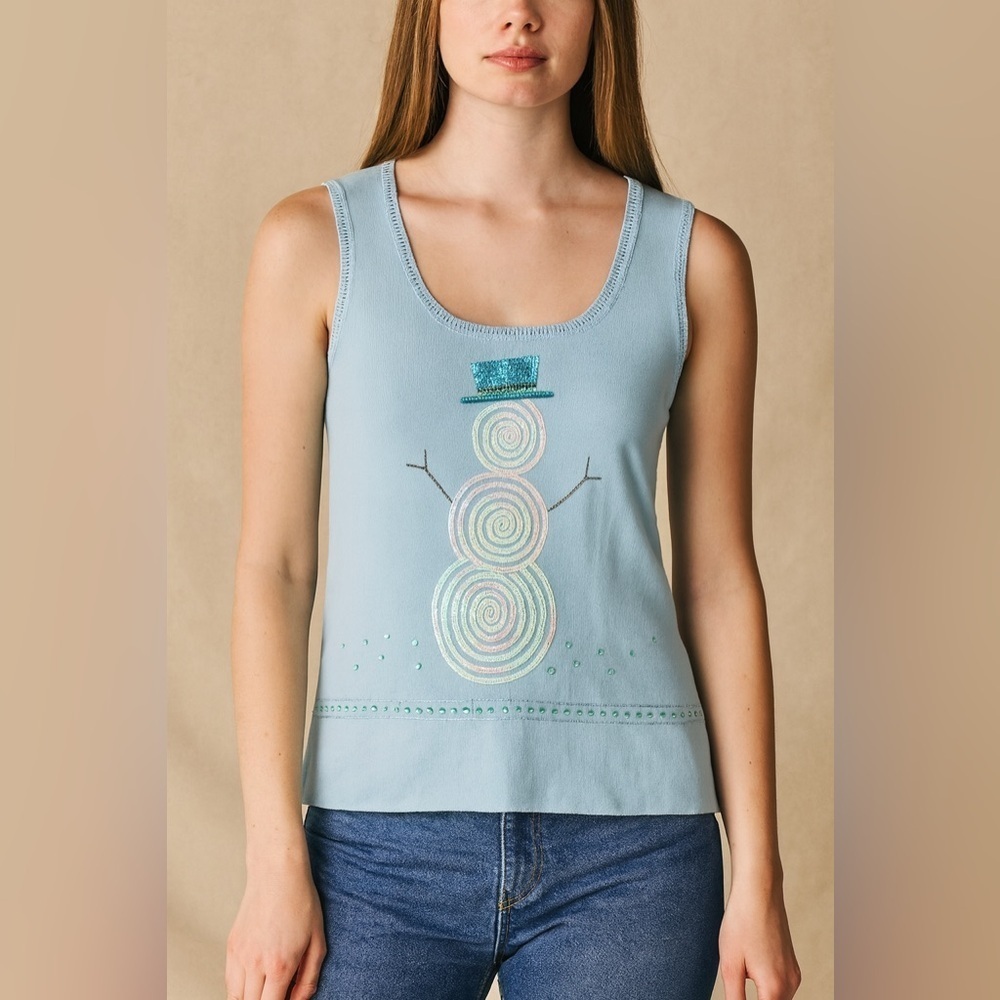 NWT! Lucia Burns Light Blue Sequin Snowman Tank Top, sz L
